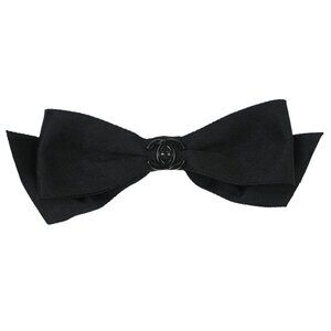Chanel Bow Turnlock Hair Barrette Hair Clip Accessories Black Satin